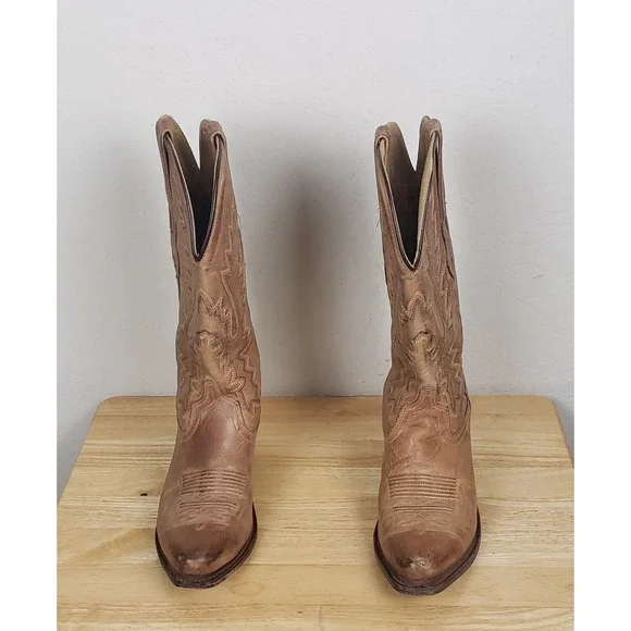 Old West Cowboy Cowgirl Boots Leather 7.0 Women's Cowgirl Tan Western LF1529 - Picture 2 of 7